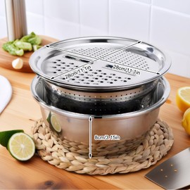 Multifunctional Stainless Steel Basin 3-in-1 Stainless Steel Shredding & Drainage Chopping Basin, Suitable for Julienne, Mincing, Slicing, Chopping and Julienne 11.1in