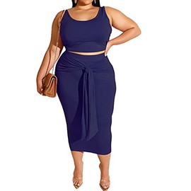 MRSFITOK Conjunto de 2 piezas para mujer, de talla grande, sexy, vestido midi, sin mangas, conjunto de faldas ajustadas, estilo casual, Azul, 5X-Large Plus