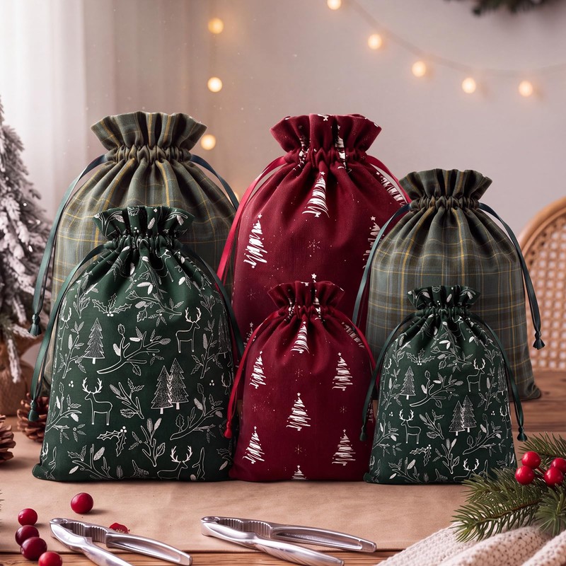 6 Pcs Christmas Tree Drawstring Gift Bags, 10" 16" 20"