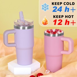 14 oz Tumbler for kids with Detachable Flip Straw Lid and handle, 100% Leak Proof 14 oz mini cup, Stainless Steel Vacuum Insulated Tumbler, Wide Mouth Easy to Clean, Keep Cold or Hot (Pink)