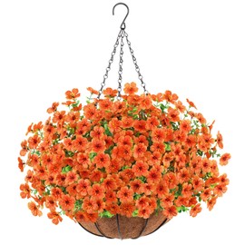 Artificial Fall Flowers Hanging Plants in Basket, Artificial Hanging Flowers for Autumn Outdoor Indoor Decor, UV Resistant Hanging Baskets with Fake Flowers for Patio Garden Porch Deck Decoration