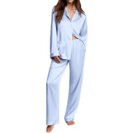Ekouaer Womens Pajama Sets Satin Silk Pjs Classic Button Down Sleepwear Soft Long Sleeve Lounge Sets Blue Striped XL