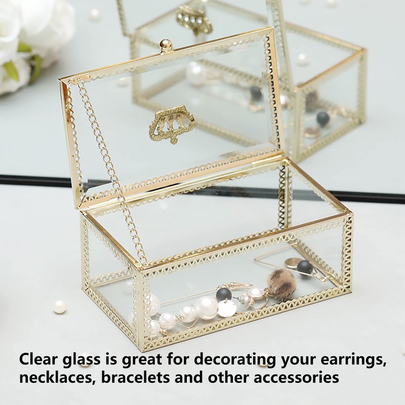 NAJMECHOY ガラスジュエリーボックス ミラーボトム クラウン蓋付き メイクボックス リップスティックリングピアス 収納ボックス ゴールドガラスボックスリング ブレスレットディスプレイ 透明ボックス