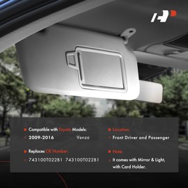 A-Premium Left & Right Sun Visor Compatible with Toyota Venza 2009-2016, Driver & Passenger Side, with Mirror and Light, Gray