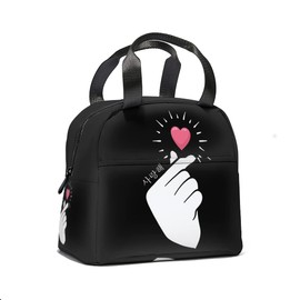 Vderxcok K-Pop Finger Heart Insulated Lunch Box Portable Thermal Cooler Tote Bag with Front Pocket Reusable Leakproof Lunch Bags for Women Men Girls Adults Work Hiking Picnic Travel