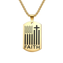 SINLEO Men's Stainless Steel American Flag Cross Dog Tag Pendant Necklace Faith Bible Verse Jewelry Gold