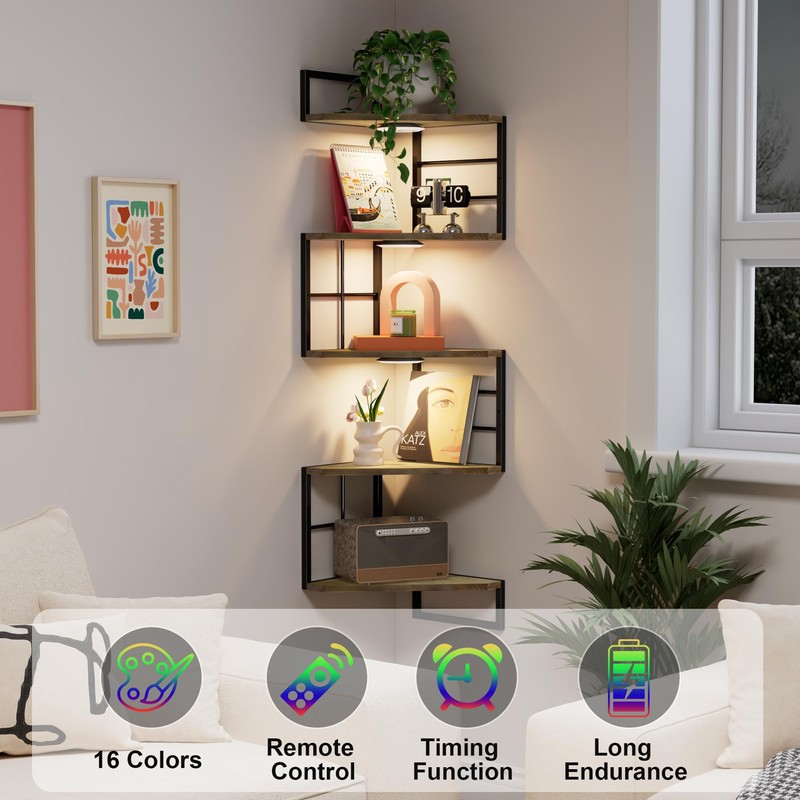 WFSRESTD Floating Corner Shelves with Light - 5 Tiers Metal