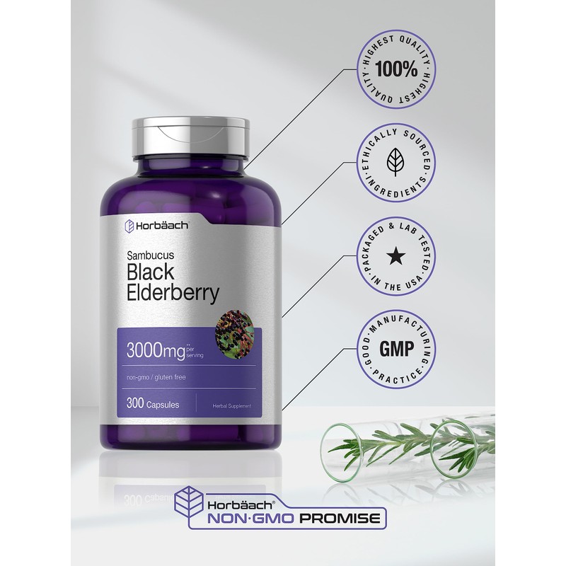 Horbäach Black Elderberry | 3000mg Capsules | 300 Count |