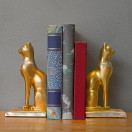 Louyebh Book Ends Retro Cat Decorative Bookends, Vintage Antique Heavy Duty Egyptian Cat Hold Books Collectors, Black Decor for Office/Shelves/Living Room Father (Gold)