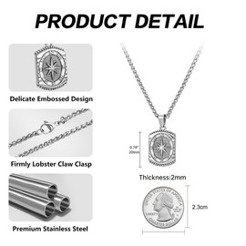 murtoo Pendant Necklace for Men, Stainless Steel Compass Mens Necklace with Wheat Chain Twisted Rope Chain, 22" Coin Pendant Necklace for Women Men (Silver- Rectangle-Wheat Chain, 22")