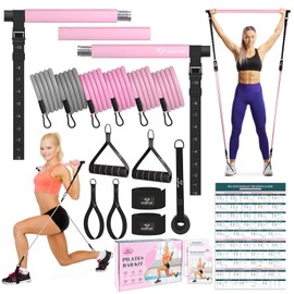 Pilates Bar Kit with Resistance Bands, Multifunctional Yoga Pilates Bar with Heavy-Duty Metal Adjustment Buckle, Portable Home Gym Pilates Resistance Bar for Women Full Body Workouts(20-150LBS)-Pink