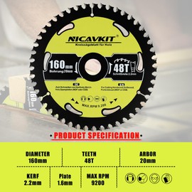 NICAVKIT Diameter 160 x 20 mm Circular Saw Blade for Wood (Saw Blade for Wood, Diameter 160 x 20 x 2.2 mm, 48 Teeth, Accessories Circular Saw) Carbide Teeth Circular Saw Blades, Suitable for Softwood
