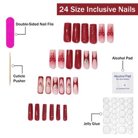 Christmas Press on Nails Long Square SWEKKE French Tip Fake Nails Red False Nails with Bow Gold Ball Heart Rhinestones Designs Full Cover Glossy Glue on Nail Acrylic Nail for Women Girls 24Pcs