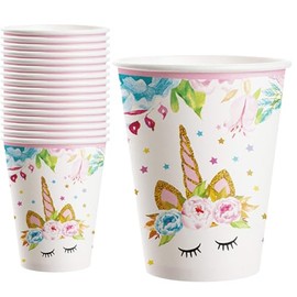 POPOYU 16Pcs Unicorn Party Cups,9oz/250ml Pink Unicorn Paper Cup,Colorful Purple Themed Cups for Kids,Table Decorations for Girls Birthday,Unicorn Party Supplies for 16 Guests