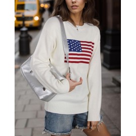 Drvitor Womens American Flag Sweater Long Sleeve Crew Neck Knitted Casual Pullover Sweater (White, Medium)