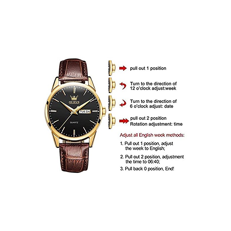 OLEVS Men Watch Brown Leather Strap Large Black Face Analog
