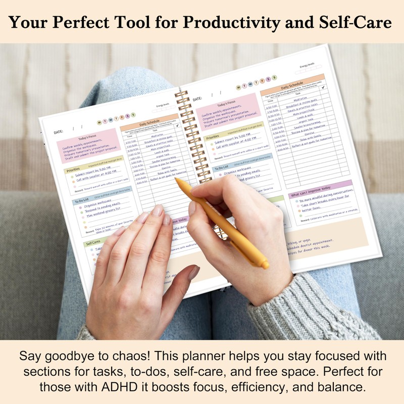 ADHD Daily Planner with Hard Cover & Colorful Sheets Inside,Productivity