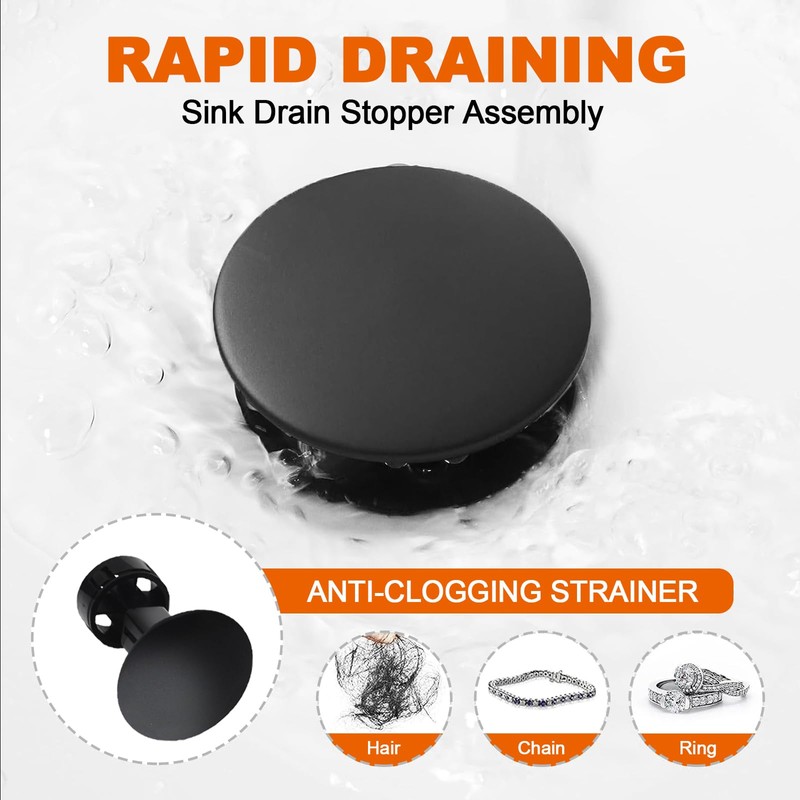 RUITHOE Matte Black Bathroom Sink Drain with Overflow, Bathroom Sink