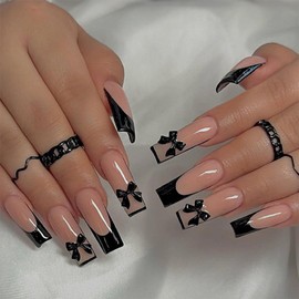 Long Square Press on Nails Black French Tip with Bow Designs Fake Nails Acrylic Full cover Stick on False Nail Set for Women 24 Pcs