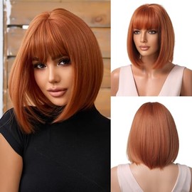 OUFEI OUFEI Ginger Bob Wig With Bangs Short Straight Wig For Women Synthetic Hair Wigs for Daily Party Cosplay Wear