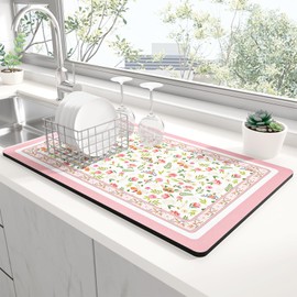 Rnivvi Dish Drying Mat for Kitchen Counter, 12 x 19" Cute Flower Theme Super Absorbent Draining Pad, Non-Slip Heat Resistant Coffee Bar Mats for Coffee Machine Station Accessories, Pink Dish Rack Pad