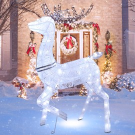 Vipush Lighted Outdoor Christmas Reindeer Decoration, Pre-Lit Reindeer for Lawn 3D Glittered with Warm Silver White Lights, 4.5FT Outdoor Lighted Holiday Displays for Christmas Decoration