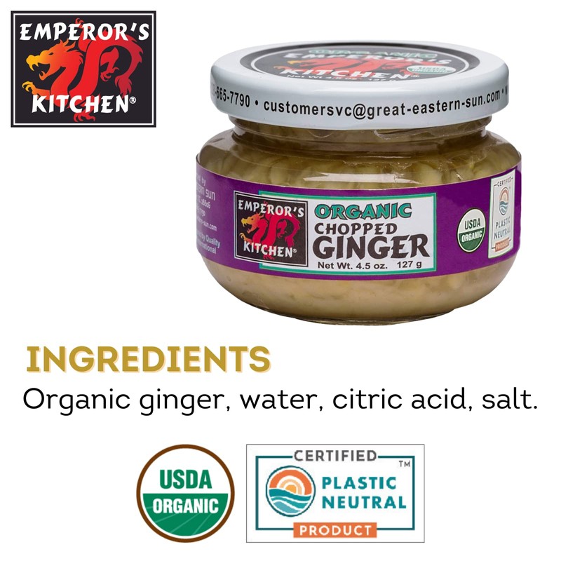 Emperor's Kitchen Organic Chopped Ginger 4.5 OZ Glass Jar (Pack