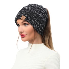 Soul Young Ponytail Messy Bun Beanie Tail Knit Hole Soft Stretch Cable Winter Hat for Women(One Size,2 Pack - 3 Tone Black&3 Tone Grey)