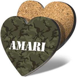 1 x Heart Coaster - Name Amari Camouflage Army Military Letter Lettering Initial Cork Backed MDF Glossy Tea Coffee Accessory #269957