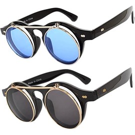 2 Pack Flip Up Steampunk Vintage Retro Round Circle Gothic Hippie Colored Plastic Frame Sunglasses Blue Smoke Lens OWL