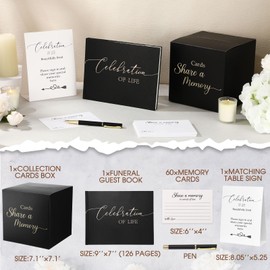 Engrowtic 64 Pcs Guest Book Set Funeral Guest Book Celebration of Life for Memorial Service with 60 Pcs Share a Memory Cards Box Table Sign Pen Guestbook Sign in Loving Memory for Registry Decoration