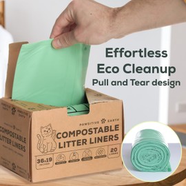 Cat Litter Box Liners 100% Compostable - Drawstring Close - 20 Count - Jumbo Size 36" x 19" - Tear & Leak Resistant - OK Compost Home Certified