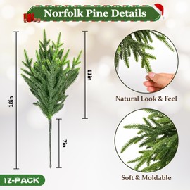 Yastouay 12 Pcs Real Touch Norfolk Pine Stems, 18 Inch Artificial Norfolk Pine Branches, Christmas Greenery Stems for Vase DIY Garland Indoor Outdoor Christmas Decoration