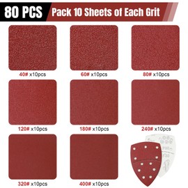 Pack of 80 sandpaper for triangular sanders, 11-hole triangular sandpaper in 8 grits (40-400), ideal for random orbital sanders, wood, metalworking, incl. 10 x each grit (40/60/80/120/180/240/320/400)