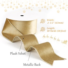 LIZLOVESS Khaki Velvet Wired Ribbon with Glitter Back 2.5 Inch Gold Christmas Ribbon Wired Reversible Ribbon for Christmas Tree Decorations, Gift Wrapping, Crafts, Wreaths Supplies, Bows (10 Yards)
