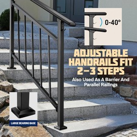 Updated Adjustable 3 Step Stair Handrails for Outdoor Steps, Versatile Stair Railings Transitional Exterior Handrails for Step with Hook and Installation Kit