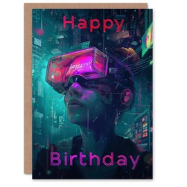Artery8 Birthday Card Cyberpunk Woman Portrait VR Neon For Him Man Male Dad Brother Son Papa Grandad Greeting Card