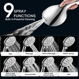 Cobbe Shower Head, 9 Functions High Pressure shower head with handheld, Built-in Pause Mode & Power Wash, Non-Clogging Nozzles High Flow Hand Held Shower Head, Leakproof Hose&Metal Bracket, Chrome