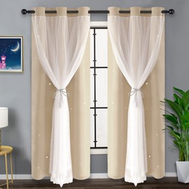 Kinryb Star Cutout Mix and Match Grommet Curtains Kid Curtains Bedroom Twinkle Star Overlay Curtains for Nursery Thermal Insulated Soundproof Window Drapes 2 PCS with Tiebacks Beige 42W x95L