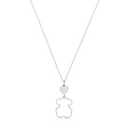 TOUS Collar de Plata de Primera Ley para Mujer con Dije de Oso de 19 mm y Corazón de 8.6mm, 45 cm de Largo, Plata de Ley 925, Elegante y Versátil, Colección New Silueta