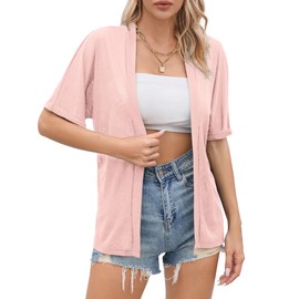 TASAMO Women's Lightweight Open Front Cardigans with Pocket - Summer Casual Elegance（Pink, Large）