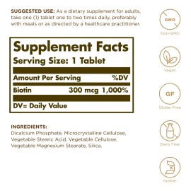 Solgar Biotina 300 Mcg 100 Tabletas Piel Uñas Cabello