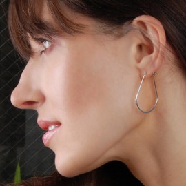 Thin Hoop Earrings - Plated 925 Sterling Silver Hoop Earrings for Women Hypoallergenic, Thin Oval Silver Dangles, Teardrop Dangle Drops, Delicate Skinny Wire Lightweight Threader Jewelry, 1.4" inch