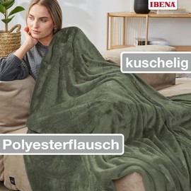 Ibena Olbia Cuddly Blanket 130 x 180 cm – Fluffy, Warm & Washable, Fleece Blanket Olive Plain