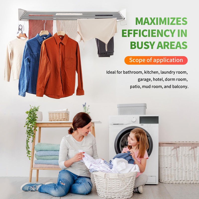 Heshecein Wall Mounted Drying Rack,Collapsible Drying Racks for Laundry,7 Stainless