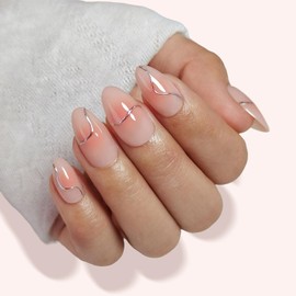 Almond Press On Nails Short | GJZEZ Pink Blush Aura Fake Nails with 3D Metallic Silver Swirl Design, Seamless Salon Grade Glossy False Nail | 16 Sizes - 32 Reusable Nail Kit with Glue, Flowing Curves