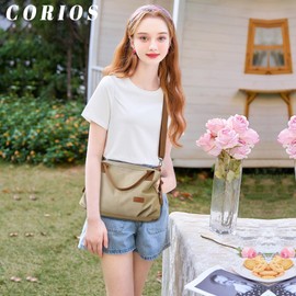 CORIOS Women Canvas Shoulder Bag Large Crossbody Bag Casual Handbag Top Handle Bag Tote Bag with Multiple Pockets Lightweight Satchel Bag Travel Shopping Work Daily Messenger Bag Khaki