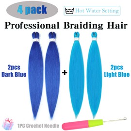 Blue Braiding Hair Pre Stretched 26 Inch 4 Packs Colored Braiding Hair Extensions Synthetic Yaki Braids Hair for Women (2 dark blue+2 light blue)