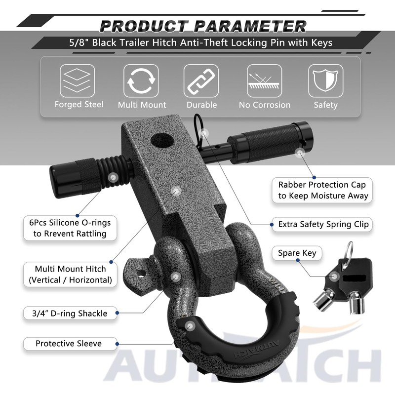 AUTMATCH Shackle Hitch Receiver 2 Inch - 3/4" D Ring