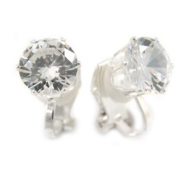 8mm/ Clear Round Cut Cz Clip On Earrings/Silver Tone